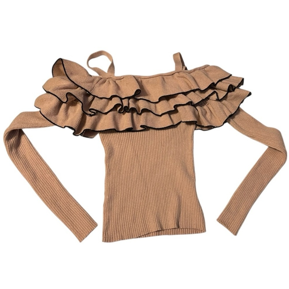 Off shoulder three tier ruffle chest long sleeve ribbed sweater shoulder straps. - Picture 2 of 7